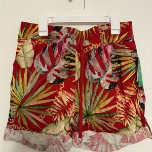 Guess Red Tropical Leaf High-Waist Pull-On Shorts